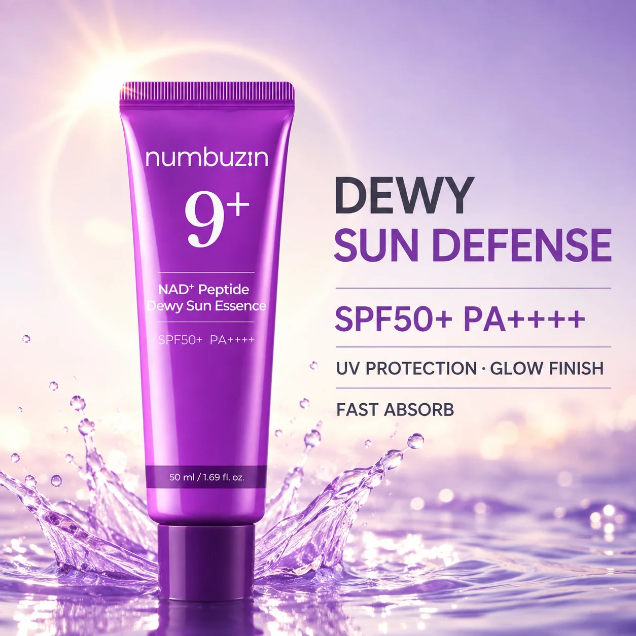 Numbuzin No.9 NAD+ Dewy Sun Essence 50ml, SPF50+ PA++++ Non-Greasy Anti-UV Sunscreen for Plump, Glowing, Prevent Early Aging