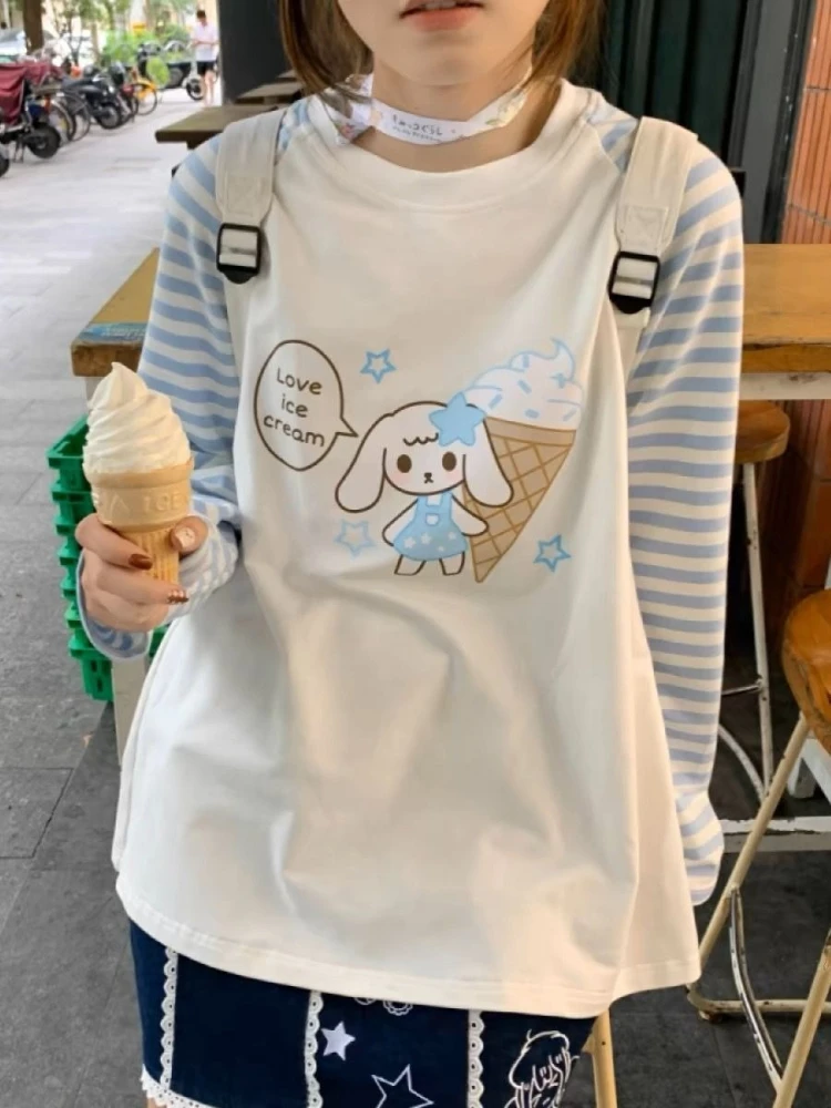 

HOUZHOU White Cute Juminocore Women T-Shirts Kawaii Blue Striped Long Sleeve Japanese Harajuku Style Oversized Tees Sweet Preppy