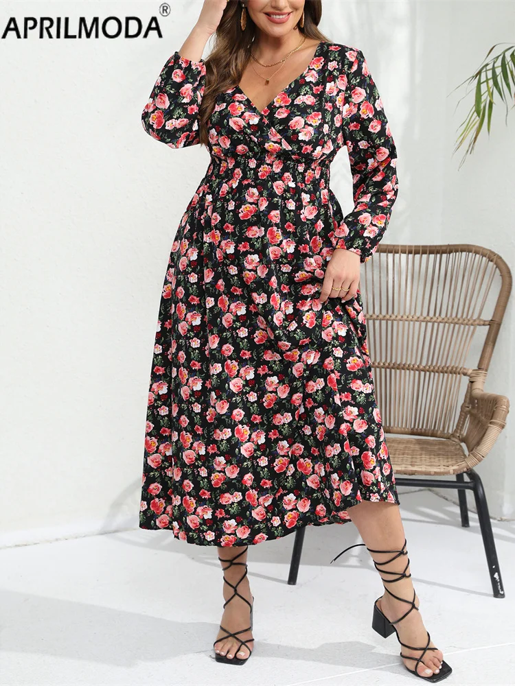 2024 Flower Print Midi Long Party Dress Full Sleeve Oversized Sundress A Line Retro Vintage Holiday Tunic Swing Dresses 4xl 5xl