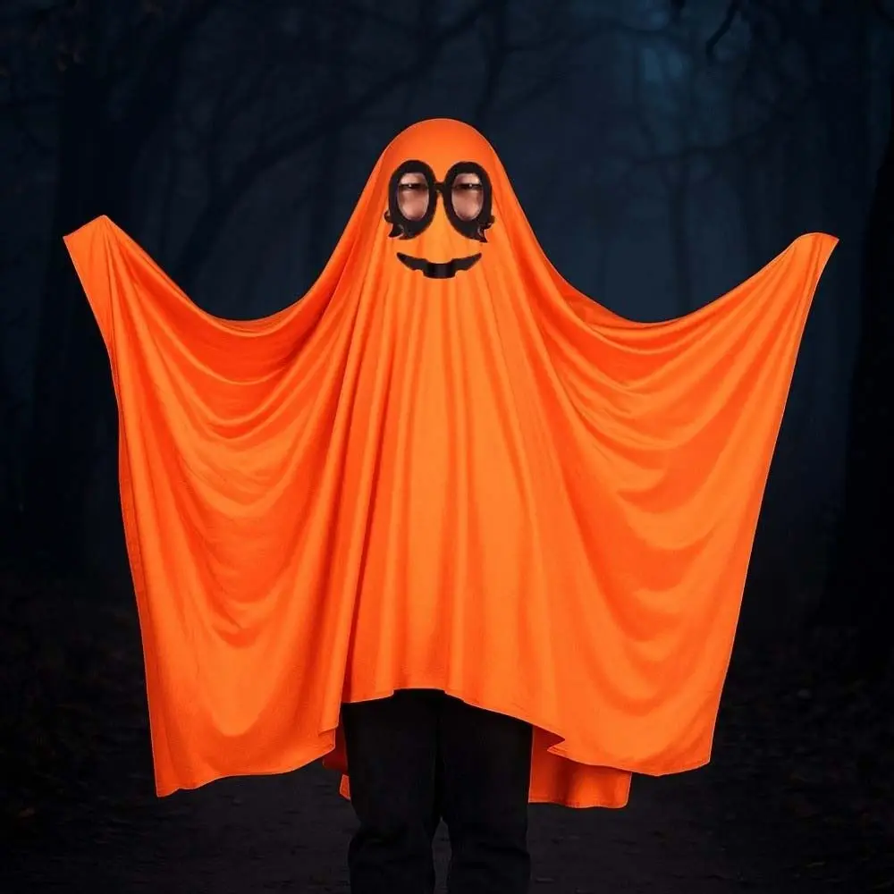 

White Halloween Cloak Cape Fright Clothes Black Eye Pumpkin Cloak with Hat Trick-or-Treat Spooky Ghost Cosplay Costume