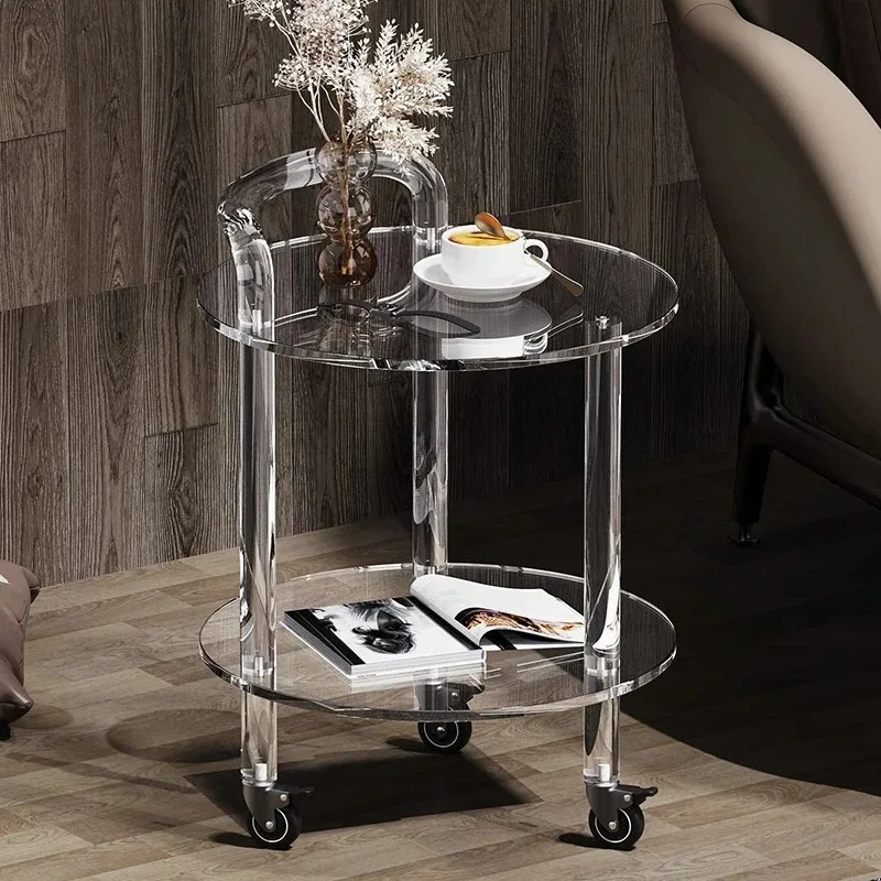 Moderen Clear Round Coffee Table 2-Tier Acrylic Side Table Top Coffee Table with 3 Locking Wheels, for Living Room, Bedroom