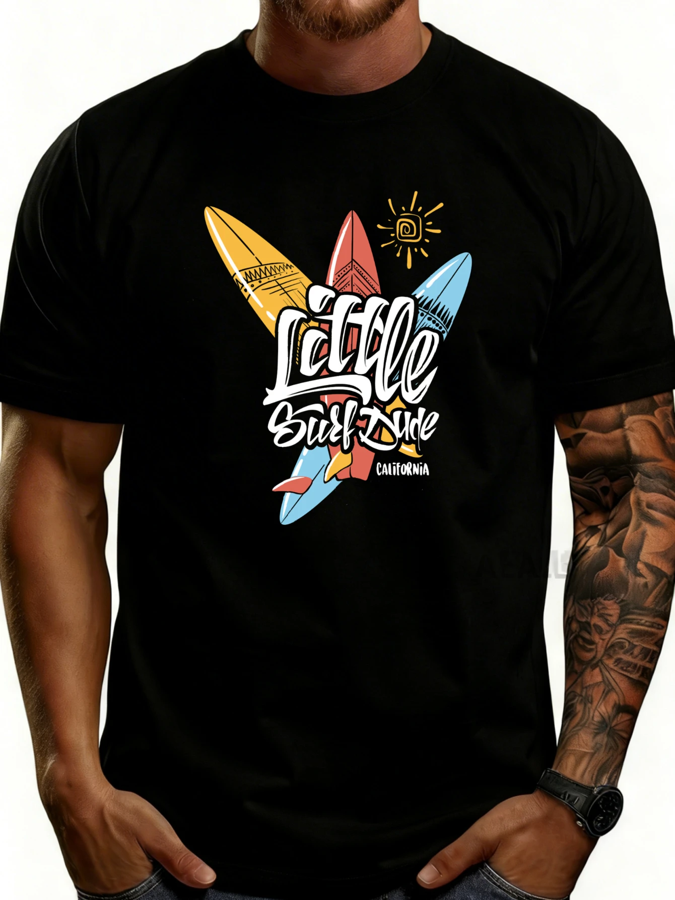Casual Summer Style Men's T-Shirt with a Surfboard and Small California Surf Text Design, Perfect for Beach Vibes and Outdoor Activities, and Is the Ideal Gift for Surfing Enthusiasts and Adventure Seekers.