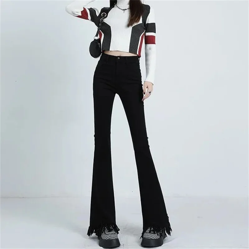 American Retro Micro La Jeans Female Spring and Autumn Korean Spicy Girl High Waist Slim Fit Rugged Fringe Flare Horseshoe Pants