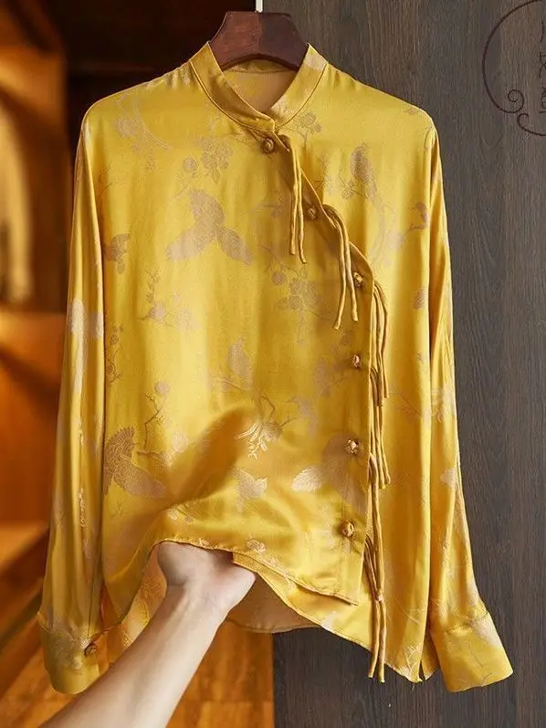 

Elegant Chinese Style Silk Shirt Women's Long Sleeve Stand Collar Spring Autumn Fashion Simulated Silk Top with Suzhou Embroi...