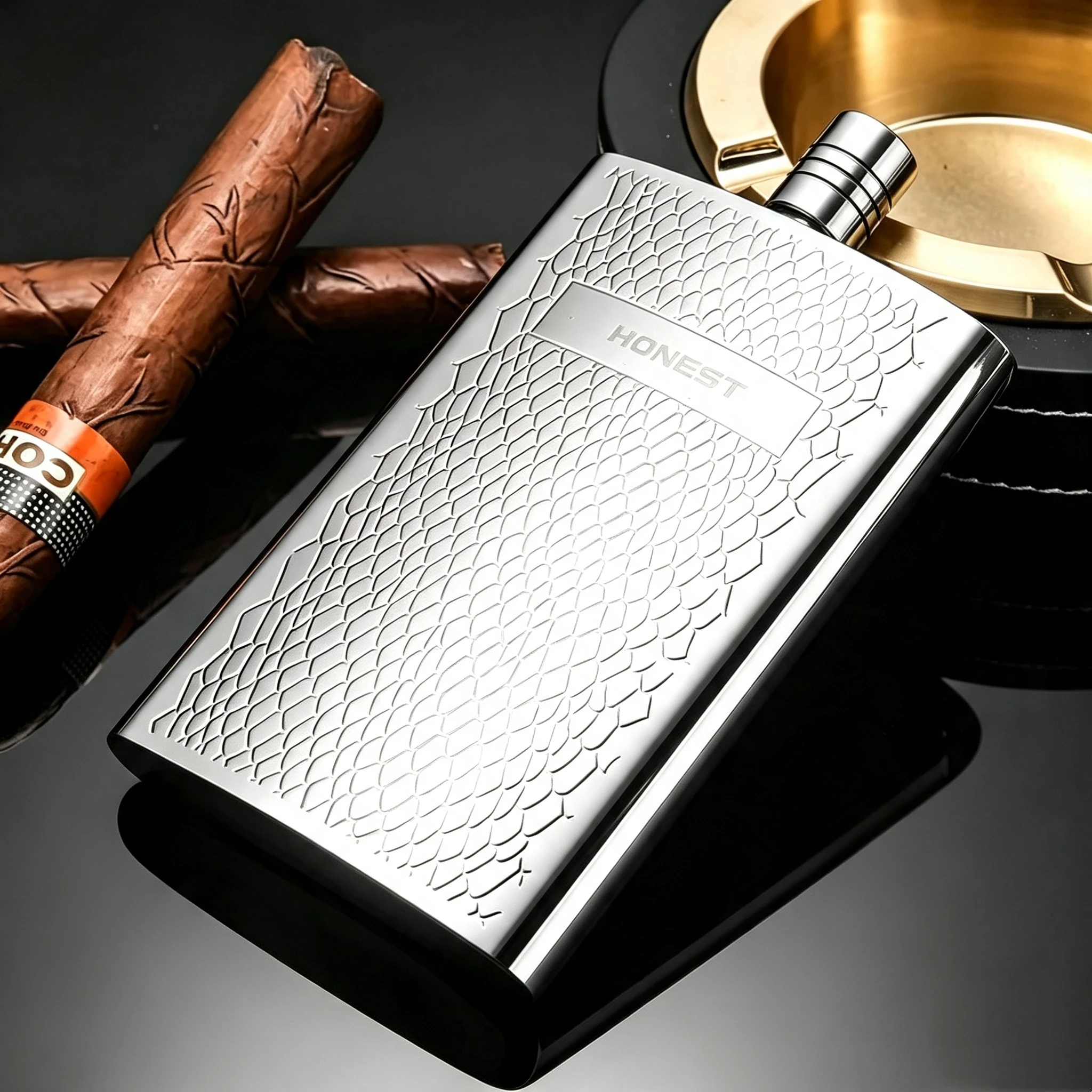 Luxury 5.5oz Curved Hip Flask with Snake Texture Engraved，Portable Whisky Flask with Funnel Gift Box Set for Men Outdoor Travel