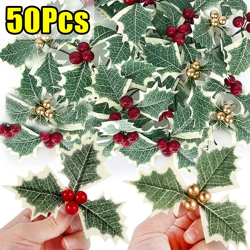 50/5Pcs Christmas Holly Leaves Artificial Red Berries DIY Christmas Flower Wreath Decoration for Home Xmas New Year Gifts Decor