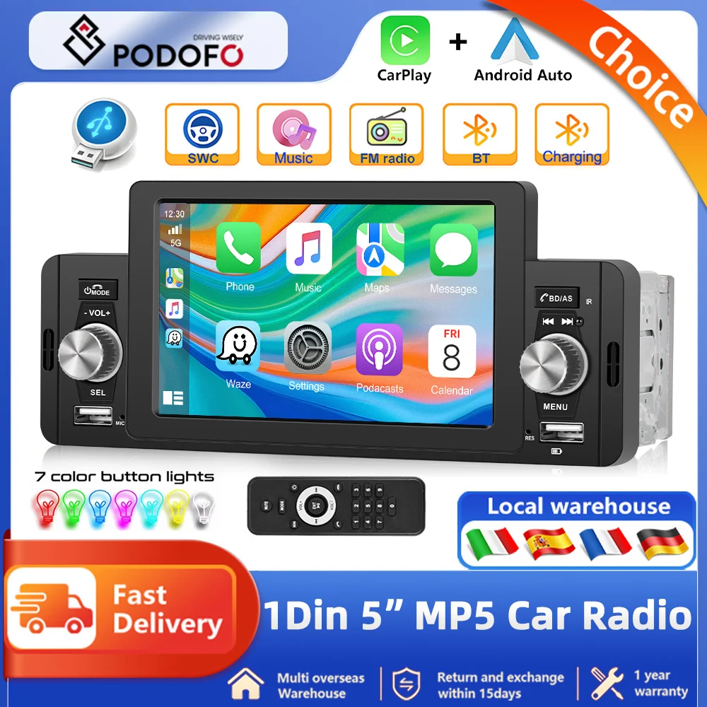 Podofo 1DIN Universal MP5 5-Inch Car Radio Support Carplay Android AUTO AUX USB BT Fast charging Multimedia Video Player