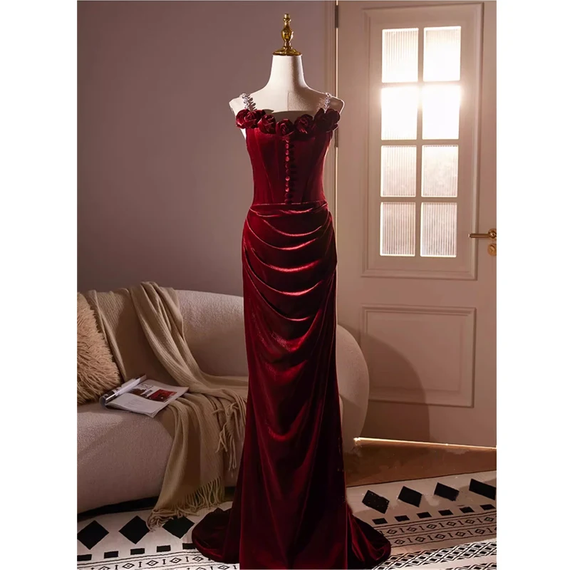 Bespok Occasion Dress Burgundy Velvet Sgaphetti Strapls Beads Pleat Lace up Mermaid Floor length Plus size Women Evening Gown