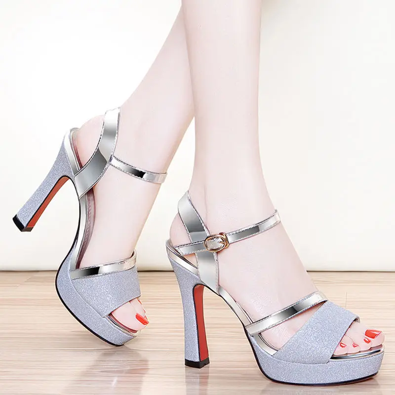 Luxury Peep Toe Summer Women Sandals Ladies Shoes 2024 New Party Bling Female Sandals Sexy High Heels Shoes Wedges silver gold