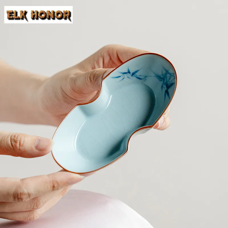 Ru Kiln Hand-painted Blue Bamboo Tea Scoop Vintage Tea Boxes Saucer Shovel Chahe Appreciation Ladle Teaware Accessories Craft