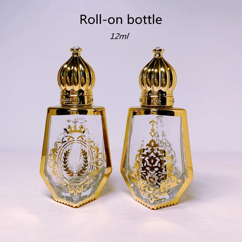 10/30/50pcs 12ml Gold Arabic Crystal Attar Oil Bottle Essential Oil Bottle Glass Bottle for Perfume Oil With Roller Ball