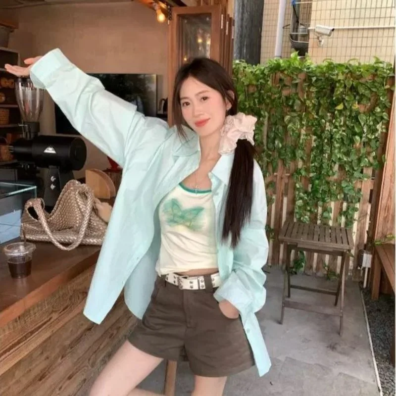 

Mint Green Long Sleeved Thin Shirt for Women in The Summer of 2026, New Lazy Style, Loose and Casual Sun Protection Shirt Jacket