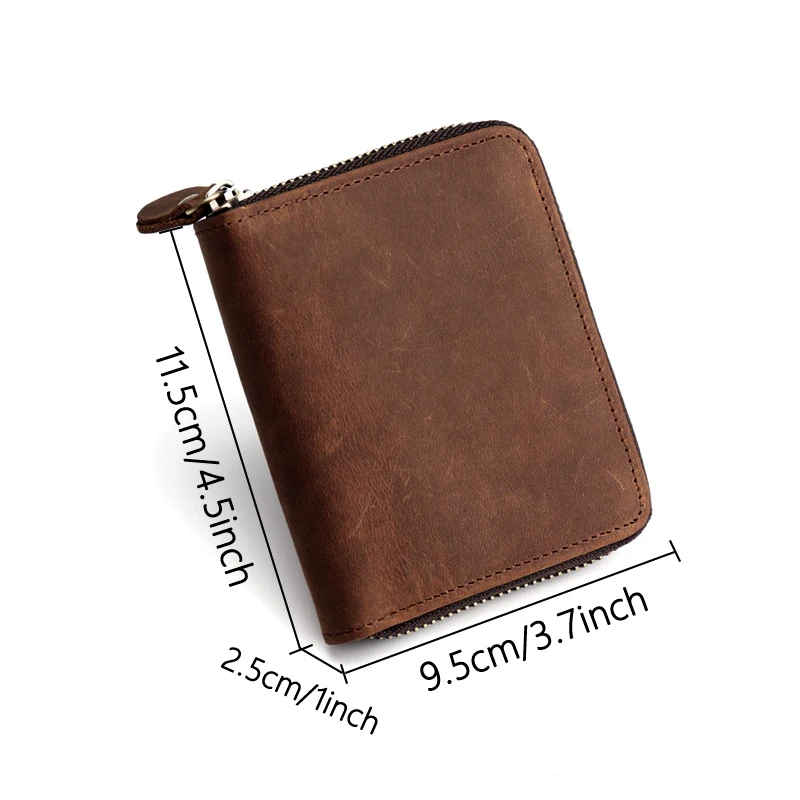 Retro Durable Crazy Horse Leather Mens Zipper Wallet Multiple Cards Slots with Change Coins Pocket Billfold Moneybag