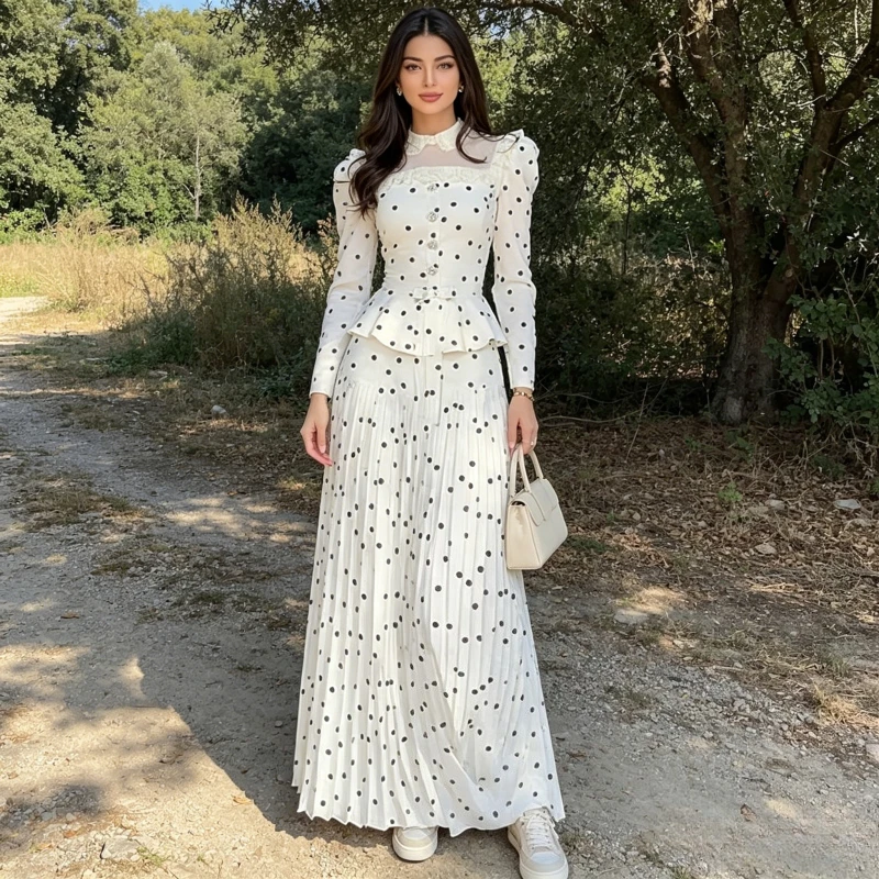 Hosenanzug für Damen, Oberteil und Plisseerock, 2-teiliges Set mit Polka-Dot-Muster, Ramadan Eid Muslimisches Ensemble, Marokko Dubai Islam Bluse Outfit