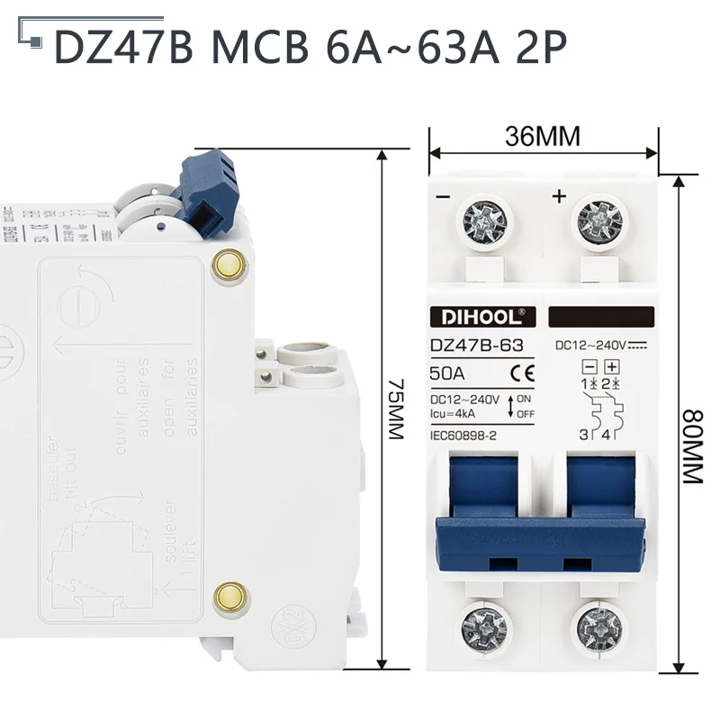 DC 12V 24V 48V 72V MCB Battery Mini Circuit Breaker 16A 25A 32A 63A 100A 125A PV DC Positive And Negative Protection Air Switch