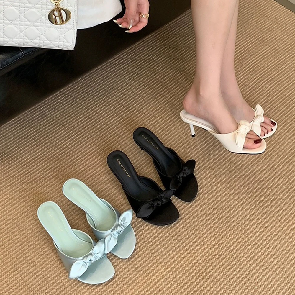

Women's Satin Kitten Heels Mules Sandals Slip On Bowknot Round Open Toe Backless Dress Sexy High Heeled Slipper Slides Stiletto