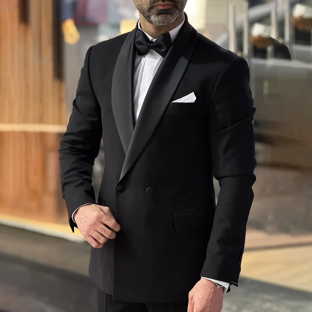 

Роскошные черные костюмы для мужчин, элегантный двубортный пиджак с шалью и лацканами, умный повседневный пиджак, деловой деловой комплект из двух предметов, куртка, брюки, наряды