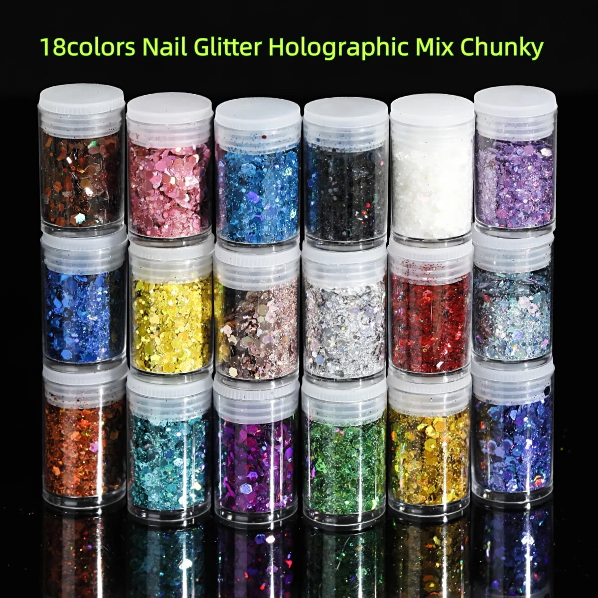 18 Farben Nagelglitzer, holografische Mischung, klobige Pulver-Pailletten, holografische schillernde Nagel-DIY-Festival-Kunst- und Handwerksdekoration