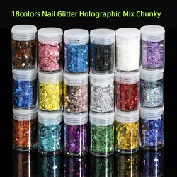18colors Nail Glitter Holographic Mix Chunky Powder Sequins ,Nail Holographic Iridescent DIY Festival Arts and Crafts Decoration