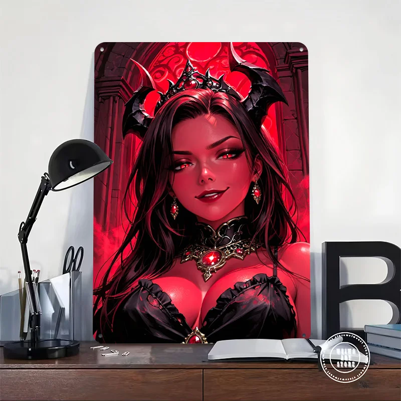Red-skinned Demon Woman With Horns Personalized 3D Textured Metal Poster Wall Art Tinplate Sign for Modern Home Decoration Room