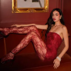 See Through Lace Two Piece Set Women Sexy Strapless Bodycon Mini Dress + Stockings Club Party Costume Suits Night Sleepwear