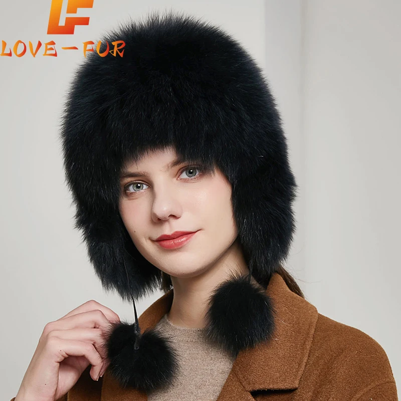 2025 Hot Sale 100% Natural Silver Fox Fur Women Winter Hat Knitted Cap Women Hat Fox Fur Bomber Hat Female Ear Warm Winter Must