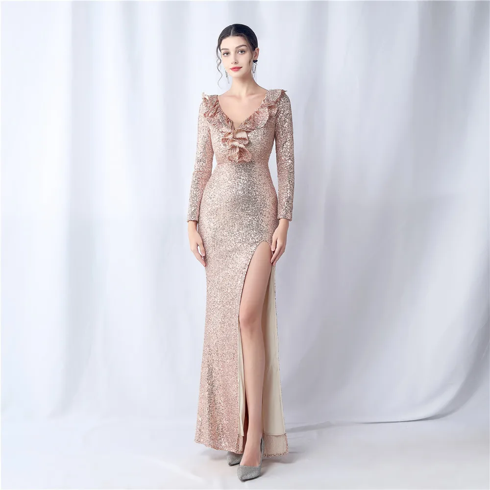 

Sladuo Long Sleeve Reffle Sequin Maxi Dress For Women Sexy Slit Party Celebrity Evening Runway Elegant Dresses Vestidos