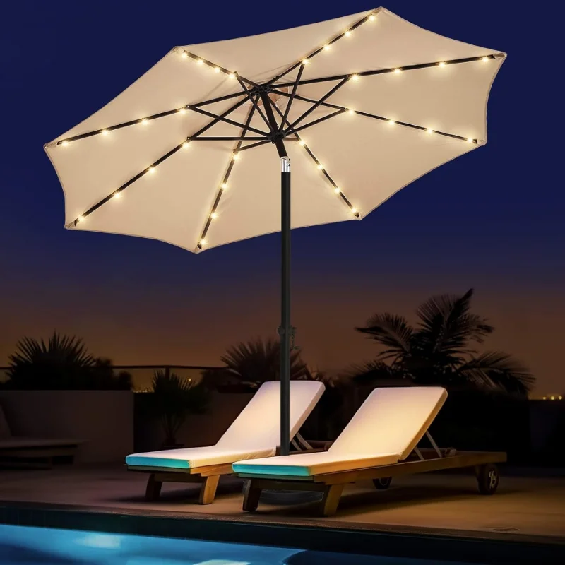 

9 FTLed Patio Umbrella, Outdoor Table Market Umbrella for Deck, Pool, Garden w/Tilt, Crank, 32 LED Lights, Beige