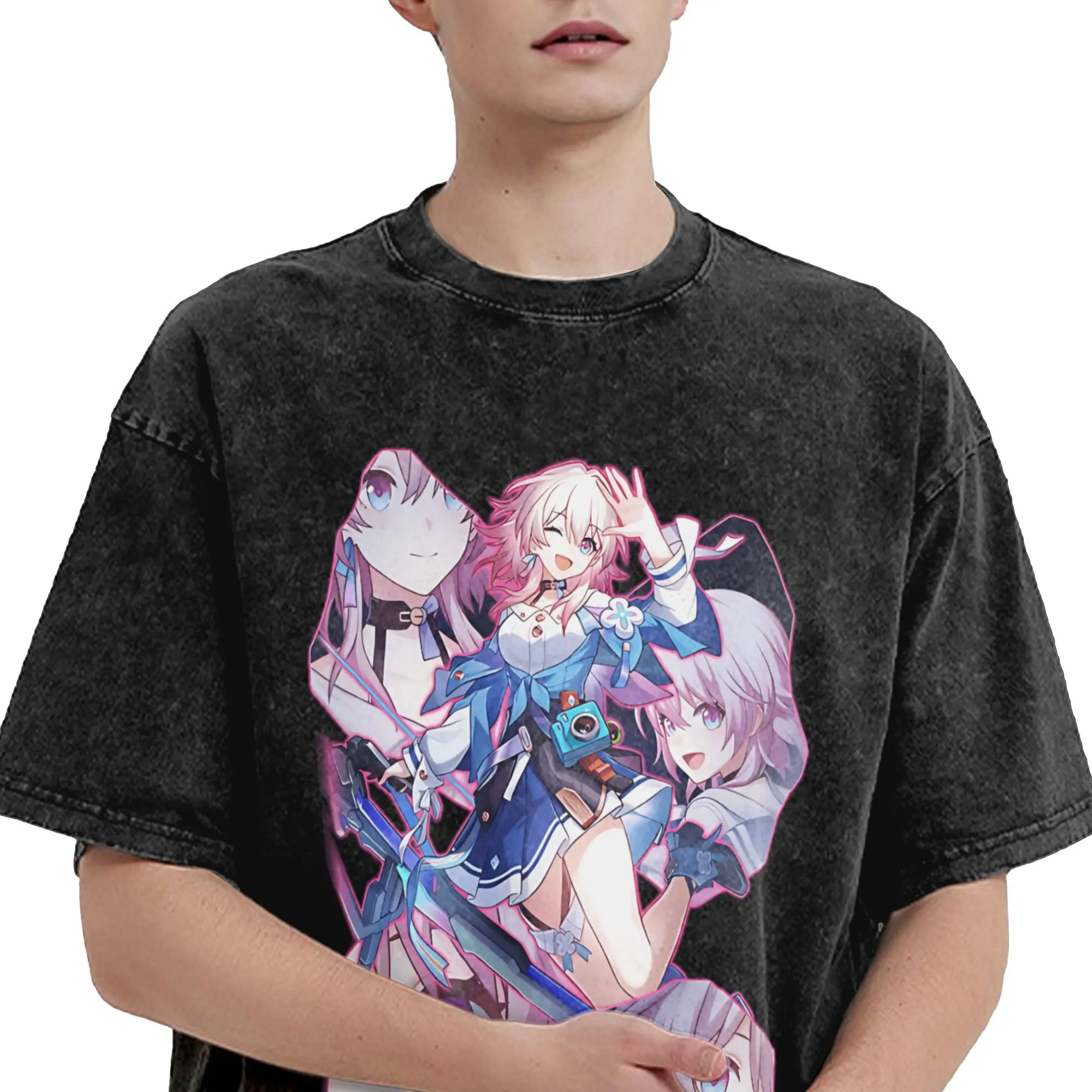 ゲームスターズレールズ Tシャツ男性用 Honkai ヴィンテージピュアコットン Tシャツラウンドネック半袖 Tシャツクラシックトップス