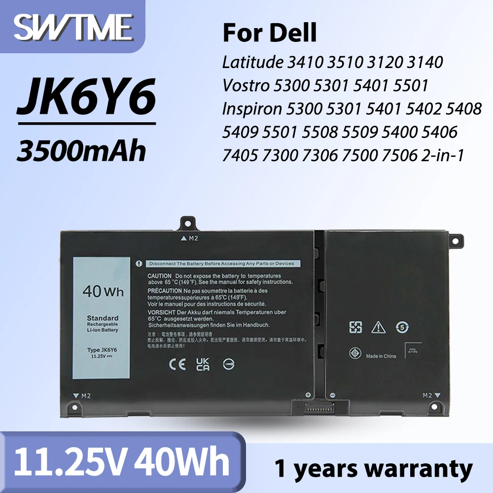

40Wh JK6Y6 Battery for Dell Latitude 3410 3510 3120 3140 Vostro 5300 5301 5401 5501 Inspiron 5300 5402 5408 5406 7405 7300 7306