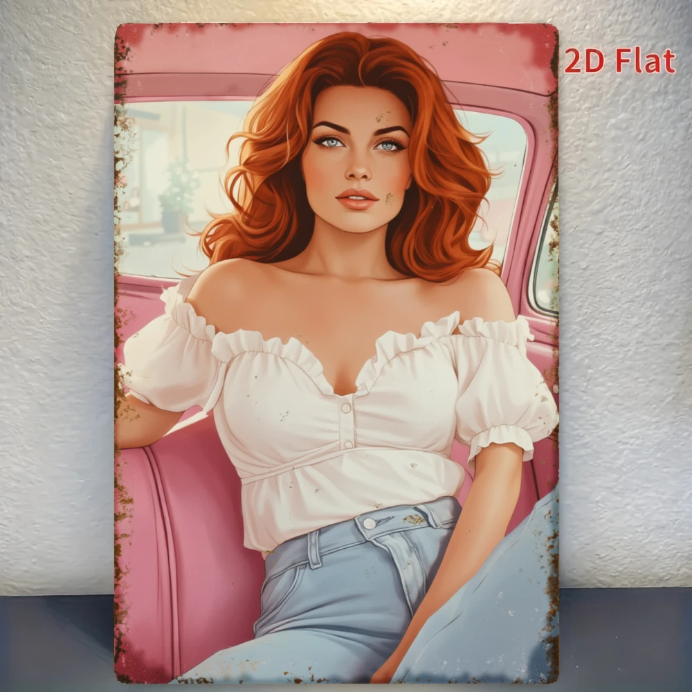 CIFBUY Redhead Woman Metal Sign White Off Shoulder Top Pink Car Tin Poster Retro Wall Art Home Cafe Bar Living Room Decor Gift