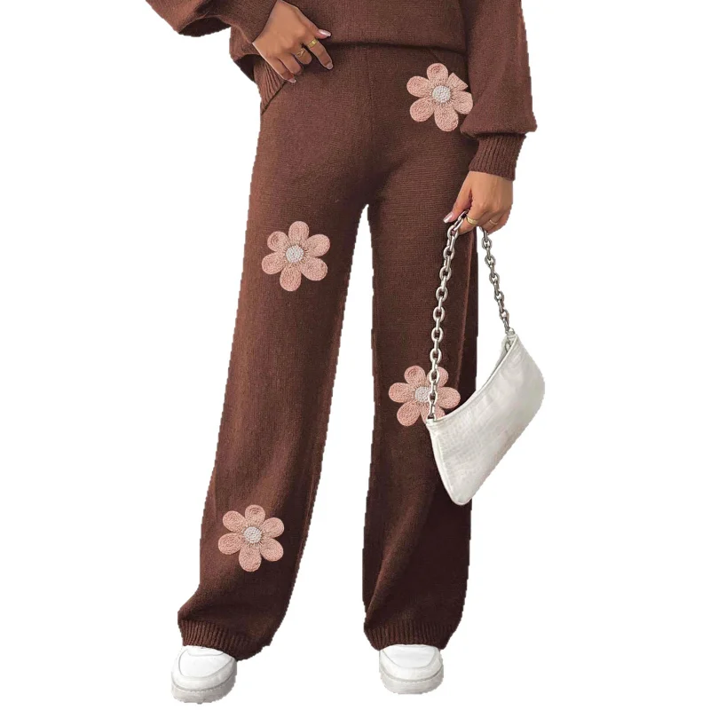 Damen-Hose mit mittelhoher Taille, lässig, Wolle, bestickt, Blumenperlen, modisch, gerade, weites Bein, gewebte Wollhose