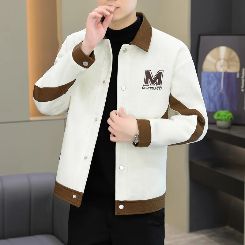 

Мужская повседневная приталенная куртка с отложным воротником из вельвета, весенняя новинка, модный бренд, пэчворк, цветной полиэстер, с подкладкой