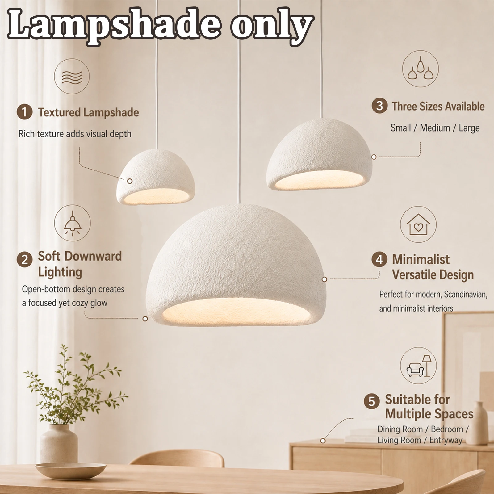 Minimalist White Resin Dome Lampshade Only, Wabi-Sabi Rough Surface Half Circle Shade, Pendant Light Replacement Shade
