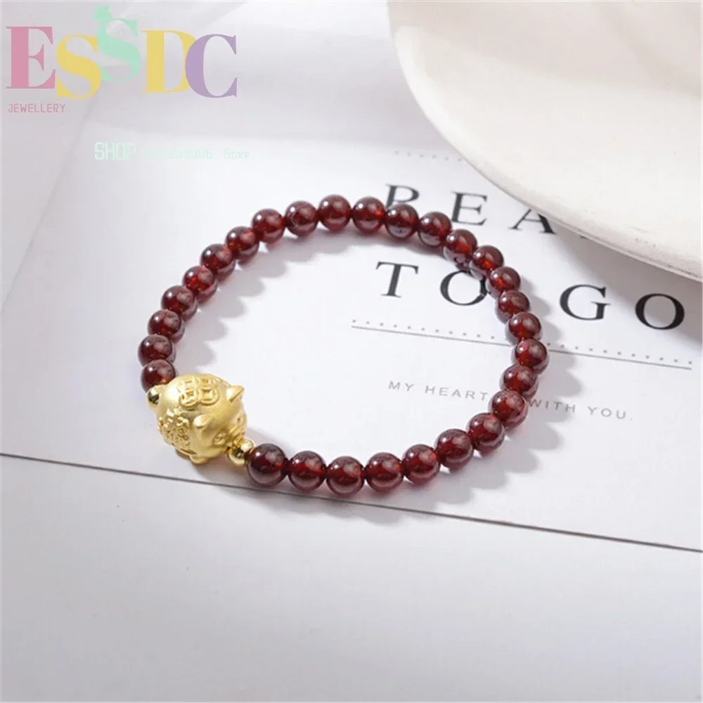 New Design 999 Sterling Silver Charm Natural Garnet Beads  Girl's Birthday Gift Golden Pig Cuff Bracelet for Women