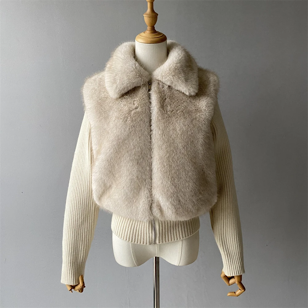 Luxyonuo casaco de inverno feminino moda malha costela retalhos casaco de pele do falso casual quente jaqueta com zíper 2025 outono nova lapela outerwear