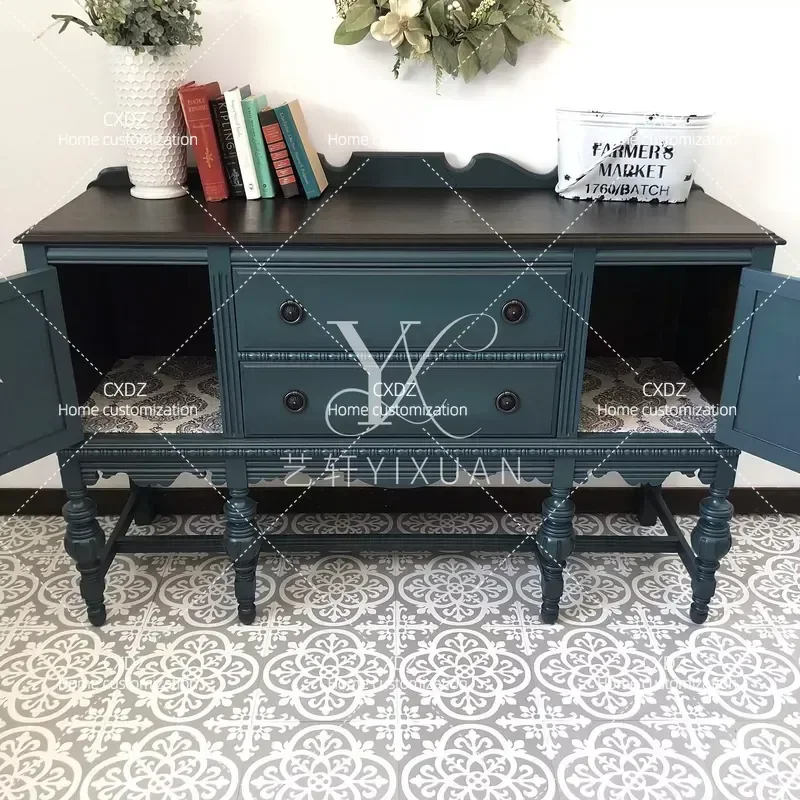 French Retro Blue Green Solid Wood Mystery Cabinet American Rural Vintage Dining Sideboard High End Customizable Furniture