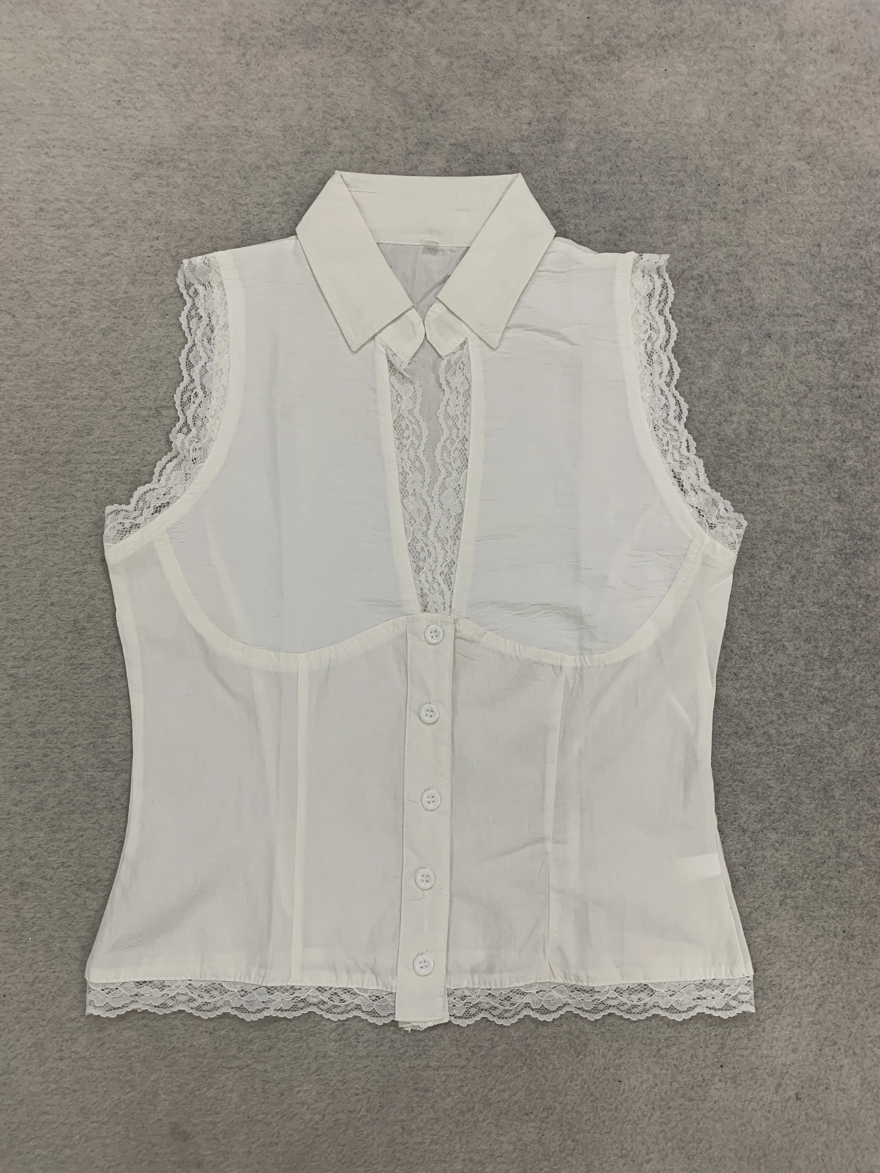 Women Lapel Sleeveless Lace Trim Blouse V Neck Button Front Corset Waist Y2K Cowgirl Vintage Slim Crop Top