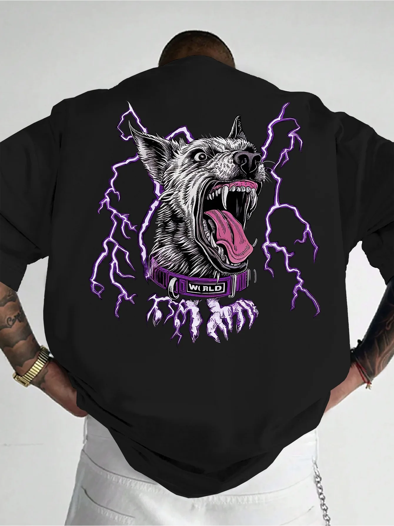 The Wild and Fashionable T-shirt Pattern Features Wild Purple Lightning and Barking Hellhound