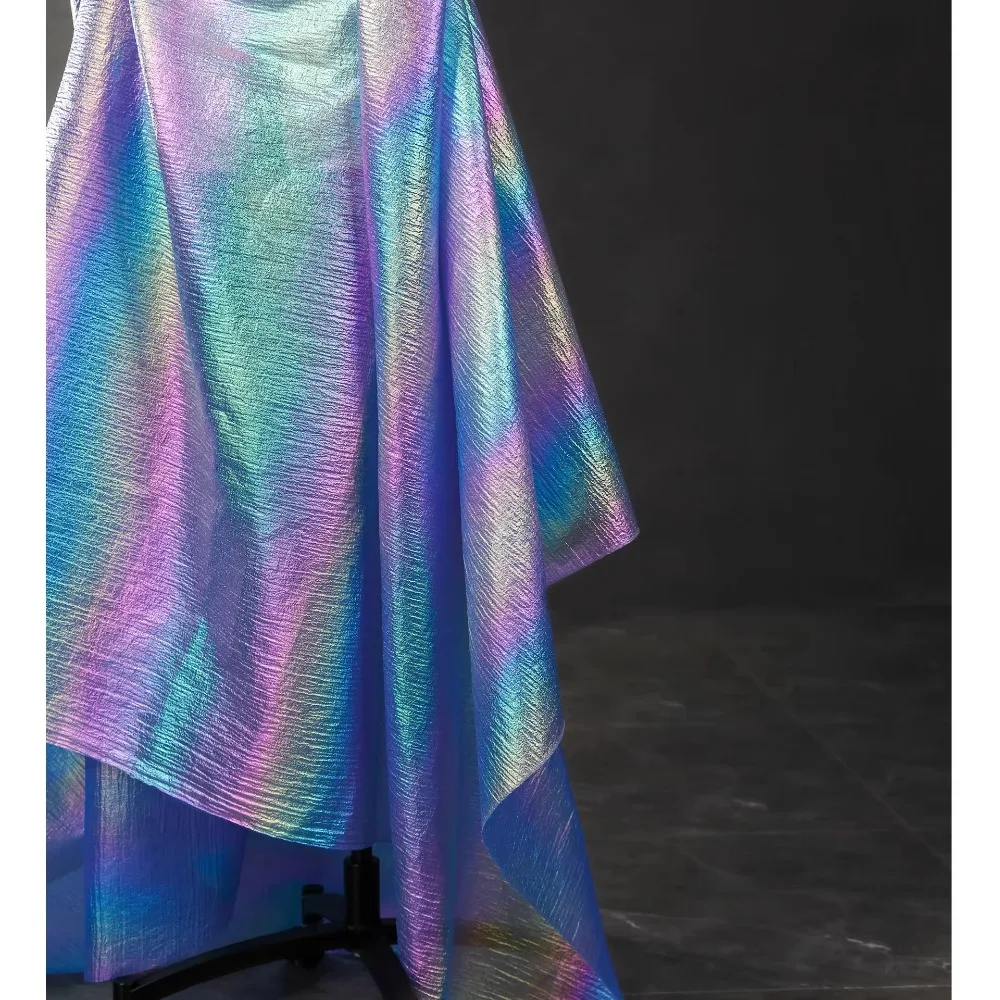 Pearl Mesh Fabric with Iridescent Laser Gradient Slight Wrinkle Translucent Luster for DIY Bridal Gown Stage Dress Design