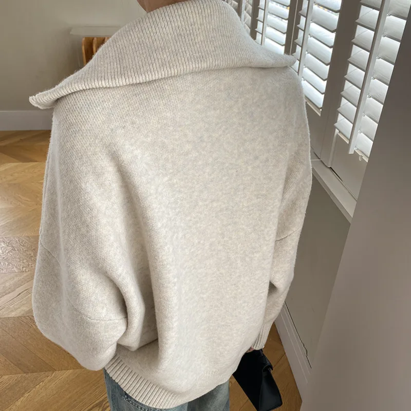 HKSH Autumn Winter New Women Sweater Cardigan Double Zipper Turn-Down Collar Knitted Casual High Street Elegant Ins Coat HK11639