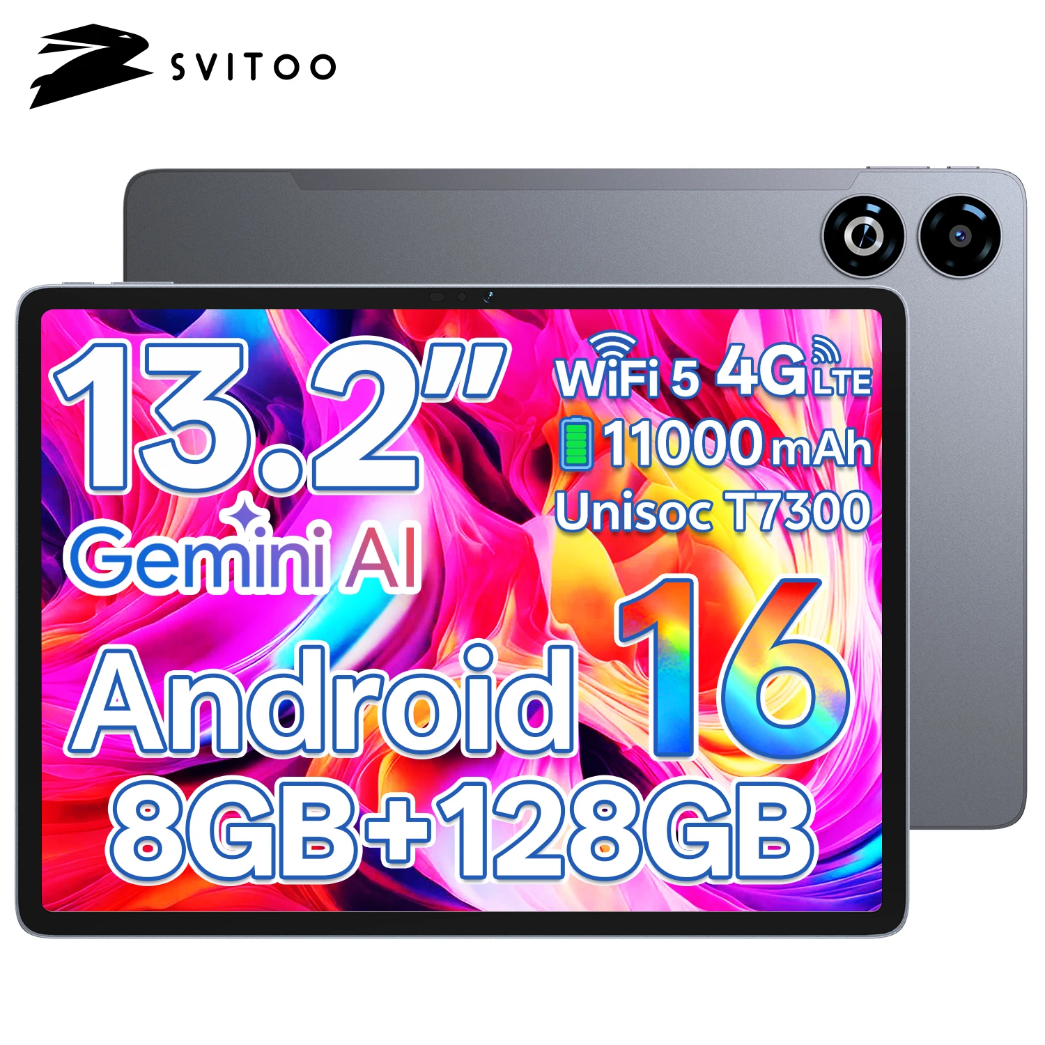 SVITOO Android 16 Tablet 2026 13 Inch 2K Display Unisoc T7300 8GB RAM 128GB ROM 11000mAh 4G LTE WiFi 5 BT 5.0 20W Fast Charging