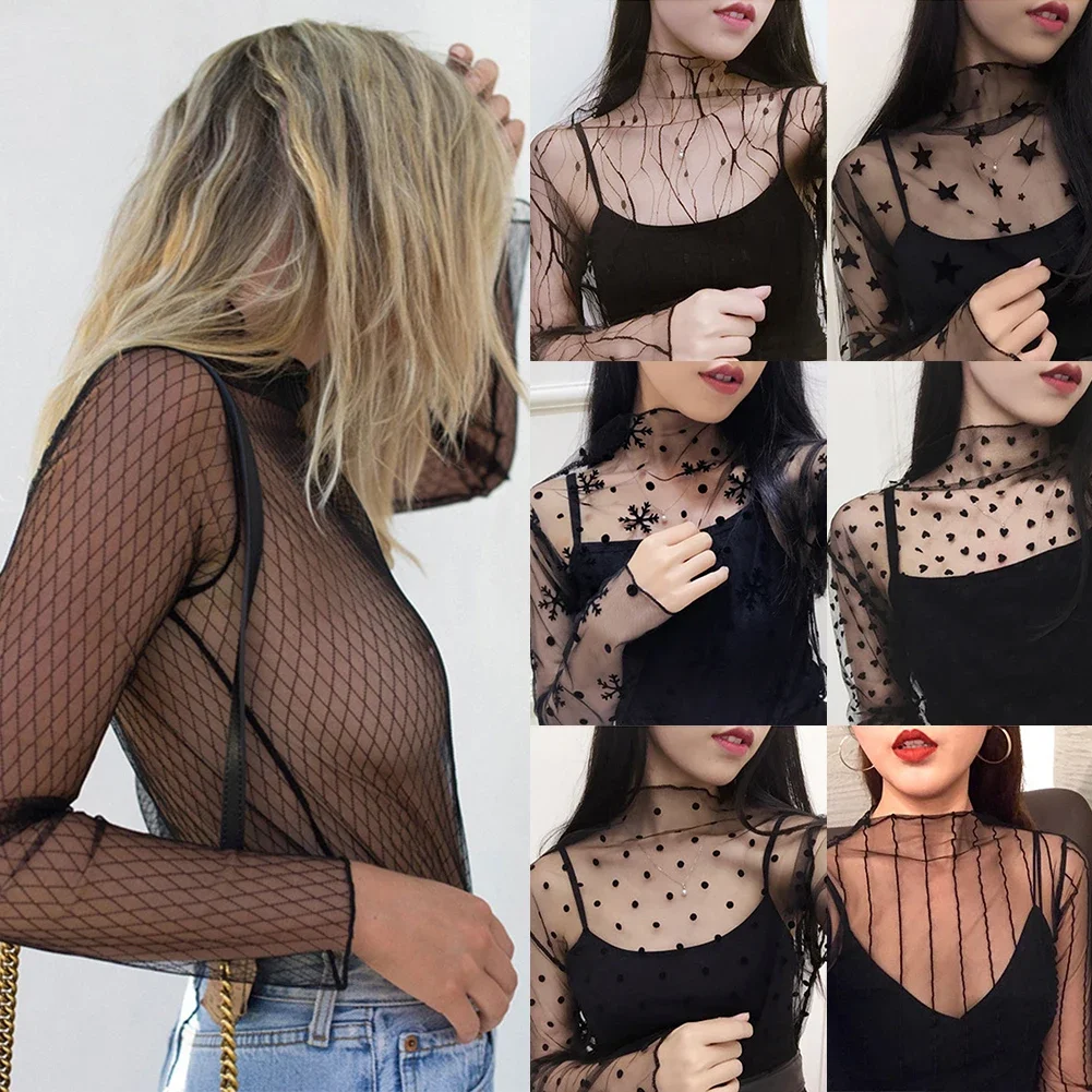 Simple Transparent Mesh Blouse Shirt Women Tops Blusas Long Sleeve Blouse Chemise Femme Casual Dot Shirt Feminine Blouse Autumn