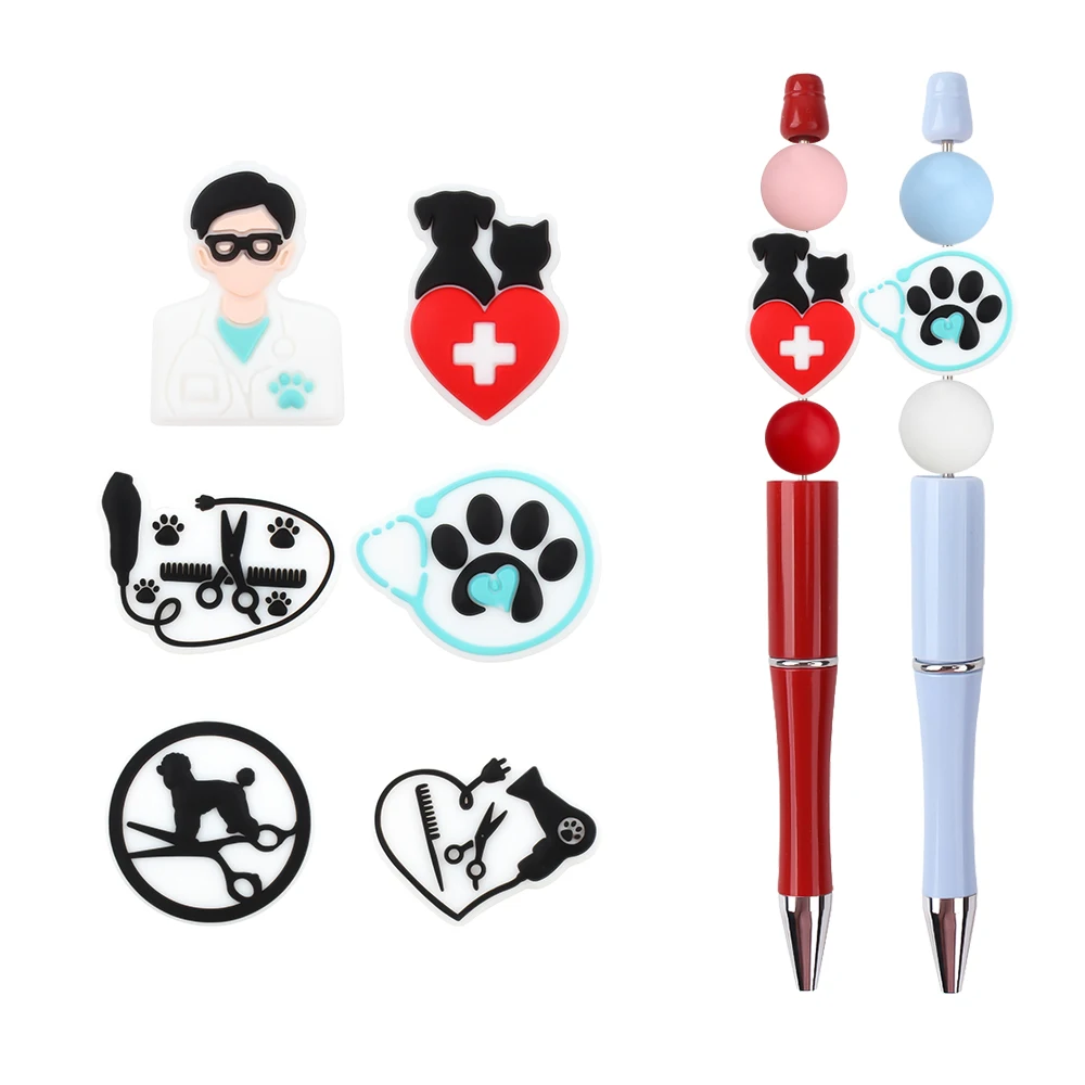 6pcs Focal Beads Pets Doctors Series Silicone Beads DIY Pen Keychains Backpack Chains Bracelets Accessories For Jewelry Making