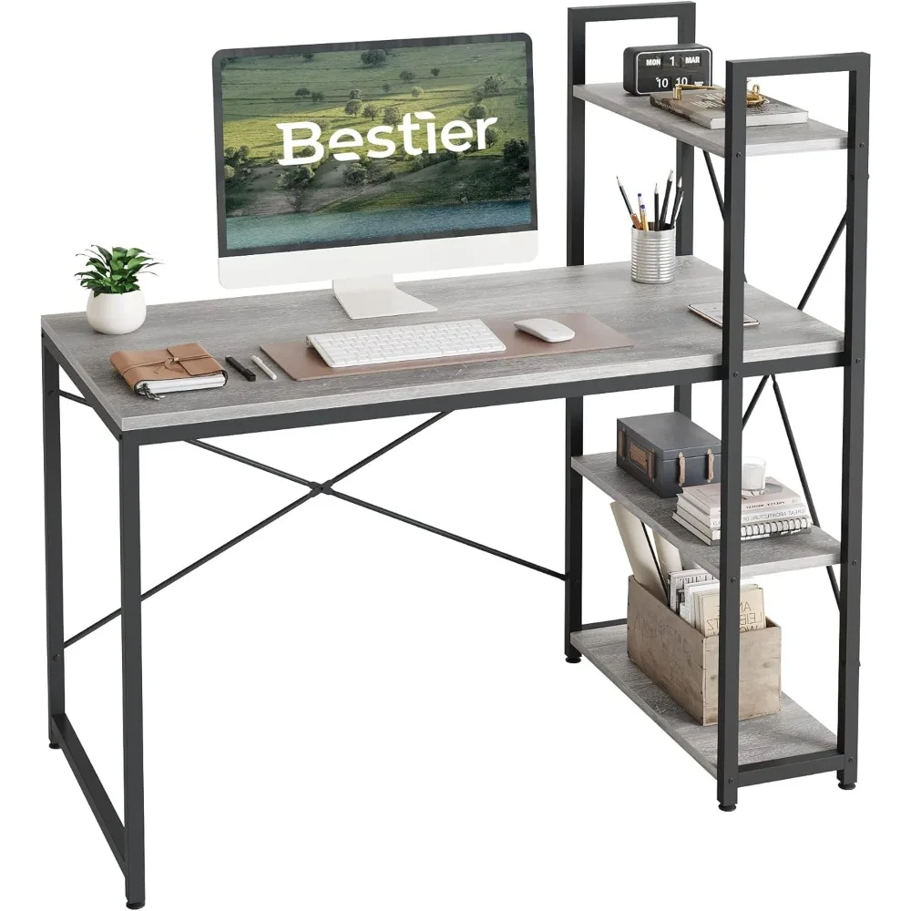 

47 Inch Computer Desk with Adjustable Shelves, Simple Writing Desk with Reversible Bookshelf and Metal Legs for Home Office