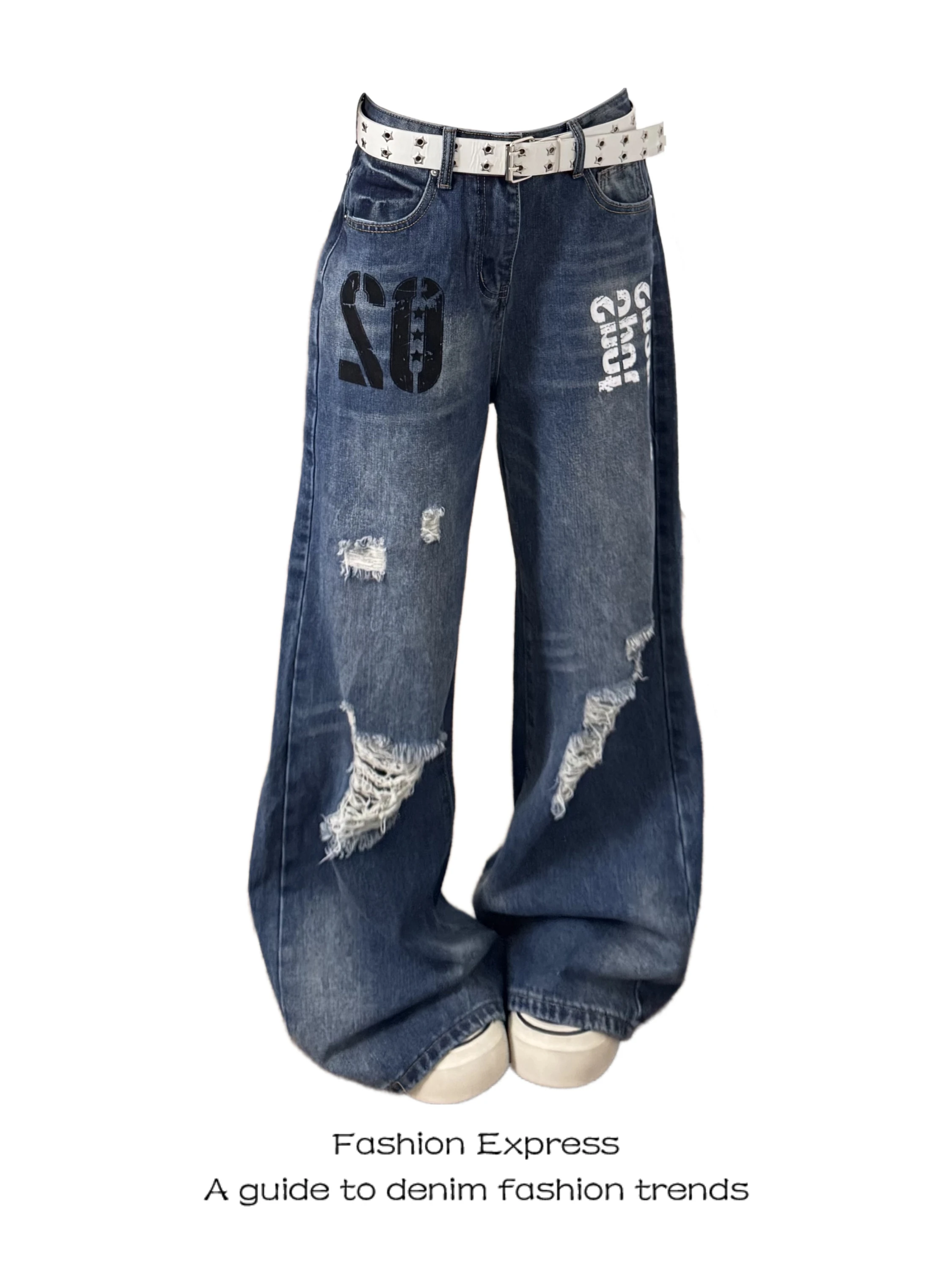 

High Waist Wide Leg Jeans Women's Summer Thin Style Lazy Fashion Washed Letter Denim Pants High Waist Slimming Floor-Length