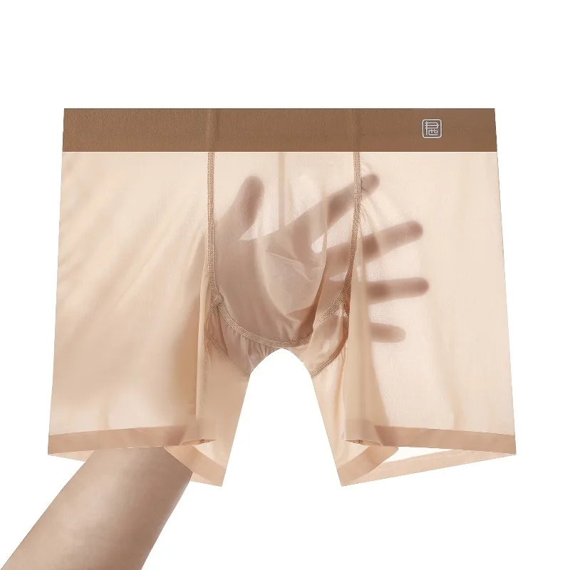 Men's Sexy Boxers Ultra-Thin Ice Silk Extended Long Underwear Nude Feel Anti-Wear Transparent Sports Panties Bulge Pouch Boxer