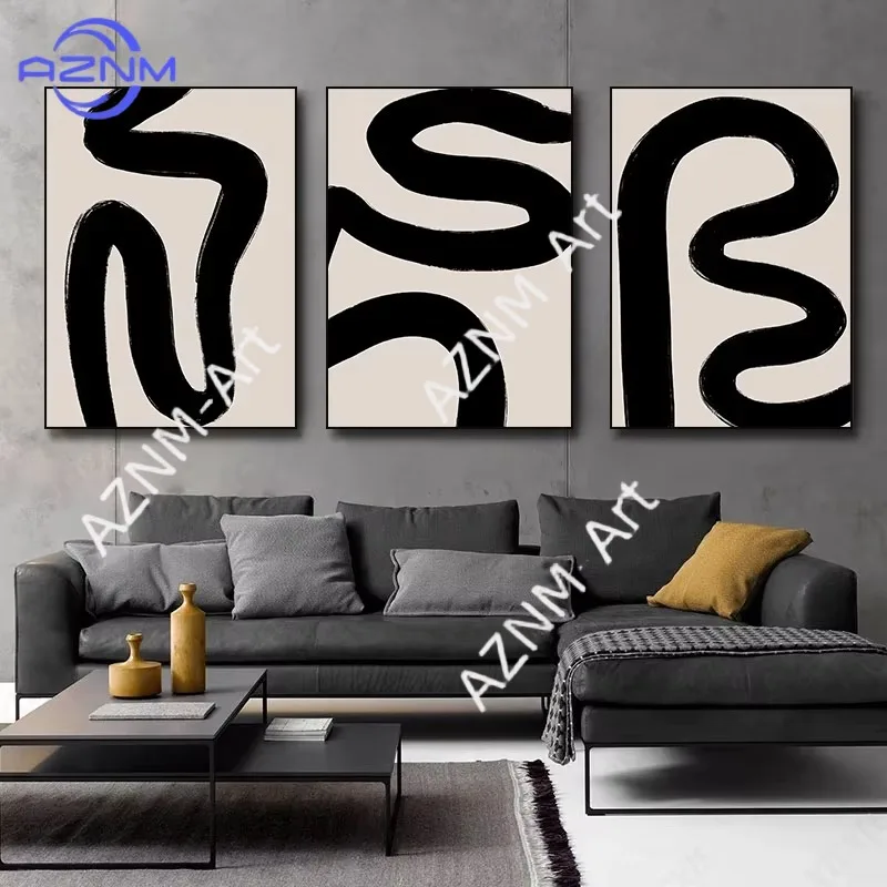 1pc Geometric Abstract Art, Black Neutral Beige Brush Strokes Poster Canvas Painting Print Wall Art for Living Room Home Decor