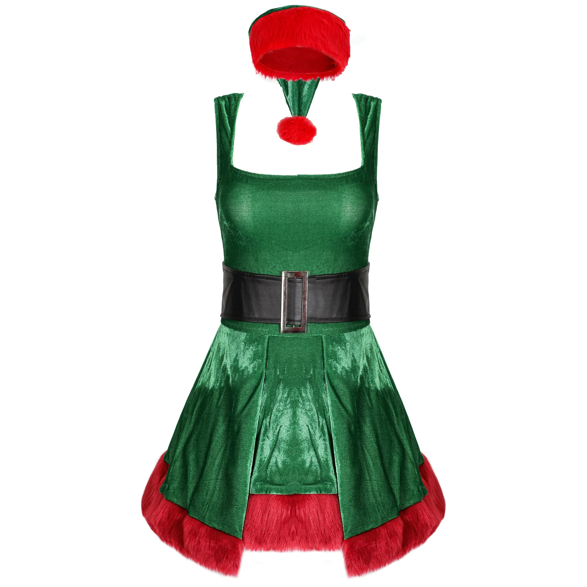 Ellolace Christmas Dress With Hat Belt Lace Up Back Bow Festival Party Dress Green Square Collar Velvet A-line Mini Dress