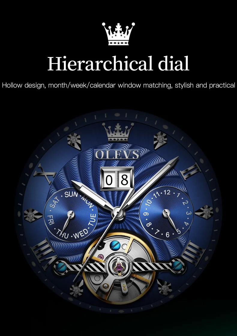 OLEVS 9910 Brand Original Authentic Watches for Man Luxury Gift Box Steel Belt Multifunctional Tourbillon Mechanical Men's Watch